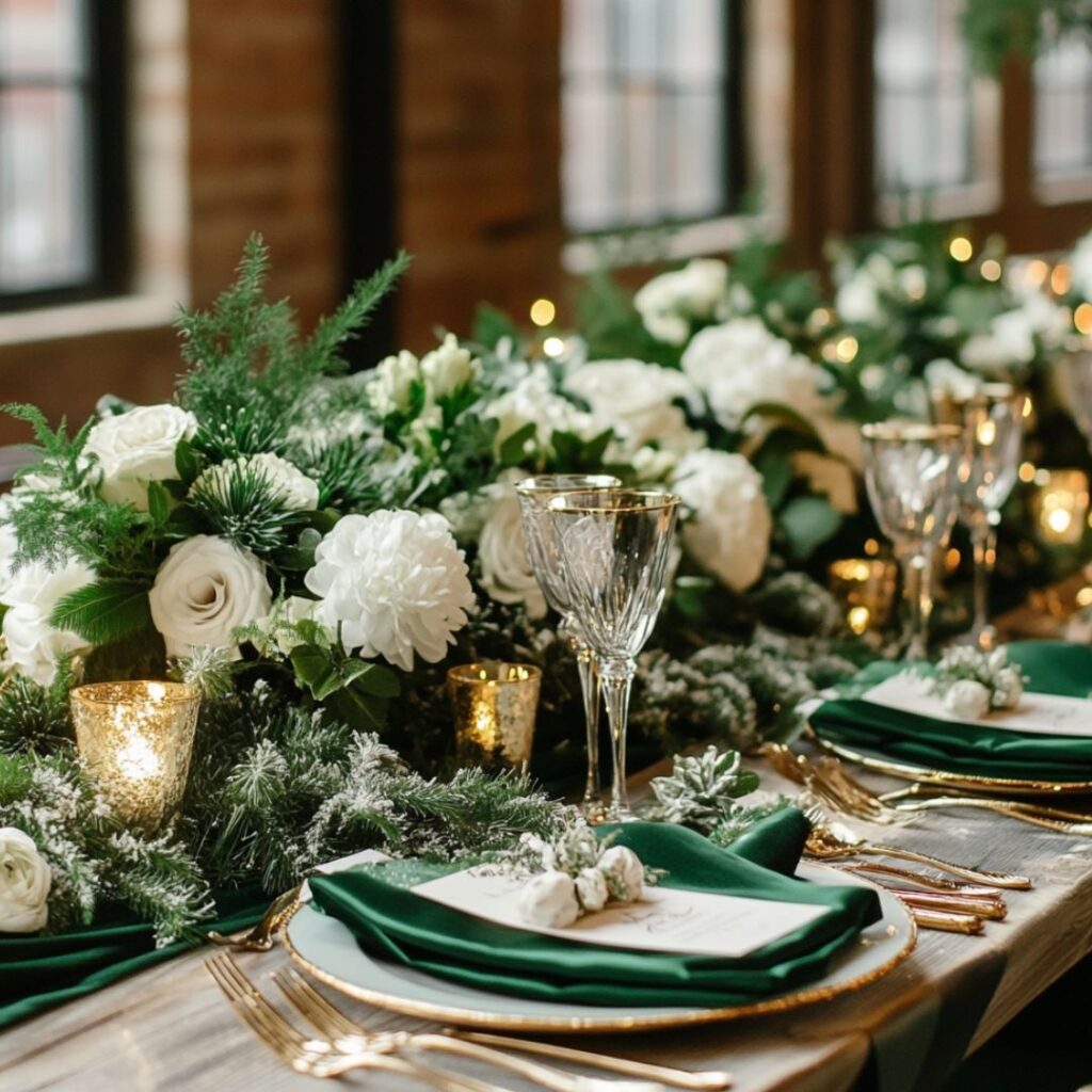Winter wedding table with emerald green and white decor, including green bridesmaid dresses, white floral arrangements, pine greenery, and golden accents.