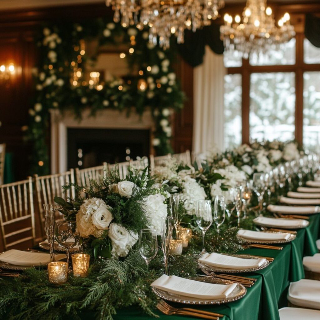 Elegant winter wedding decor with emerald green bridesmaid dresses, pine garlands, and white floral accents, creating a rich, formal atmosphere with seasonal greenery.