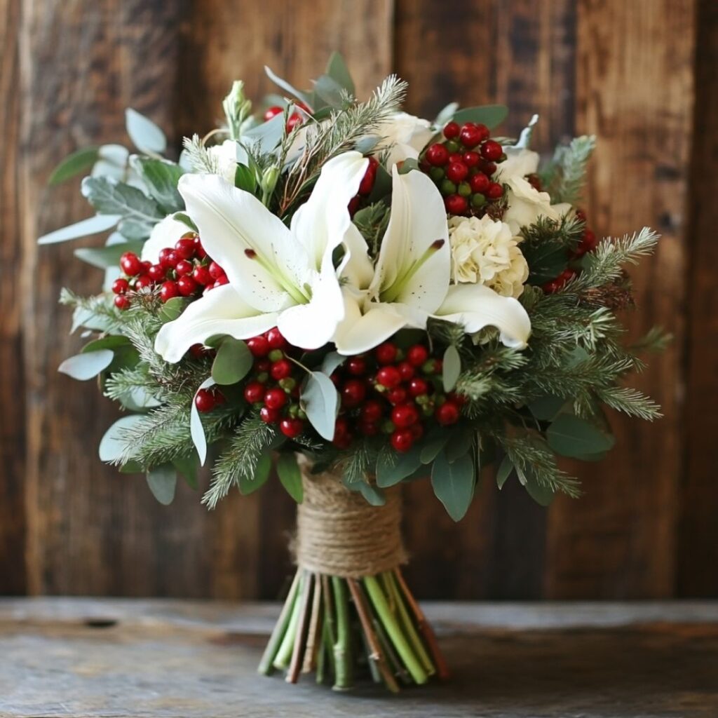 Elegant winter bouquet featuring ivory roses, blue thistle, and lavender, wrapped in velvet ribbon for a charming January wedding style.