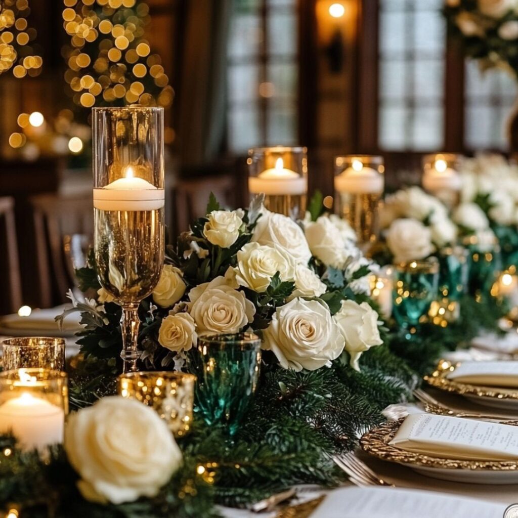 Winter wedding decor with evergreen branches, ivory roses, candles, and garlands, creating a cozy, romantic atmosphere with touches of gold and green glassware.