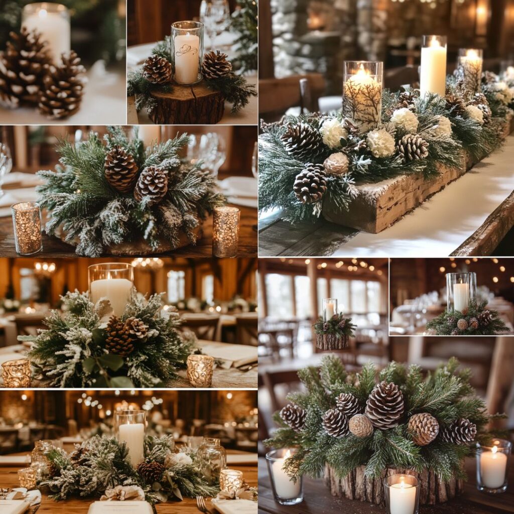 Rustic winter wedding centerpiece with lush evergreen sprigs and pinecones, creating a cozy, forest-inspired decor with frosted accents and candlelight.
