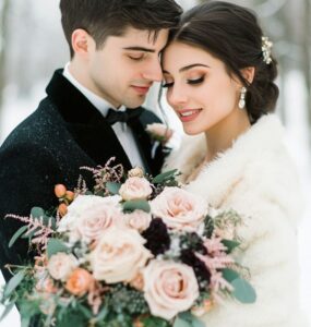 Romantic winter wedding details with a blend of luxurious colors, cozy accents, and elegant touches, creating a memorable and magical celebration in February.