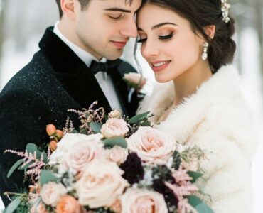 Romantic winter wedding details with a blend of luxurious colors, cozy accents, and elegant touches, creating a memorable and magical celebration in February.