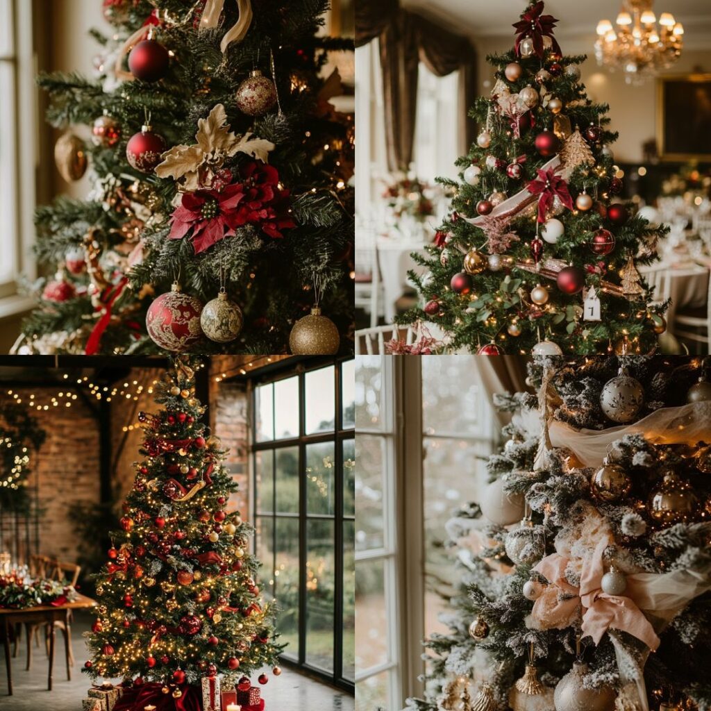 Christmas tree decorated as a wedding tree with ornaments, ribbons, and fairy lights, adding a festive and personal touch to a winter wedding at home.