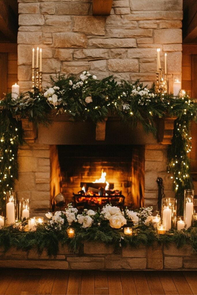 Cozy fireplace decorated with candles, fairy lights, and winter garlands, serving as a focal point for a winter wedding.