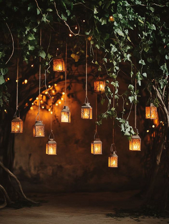 Whimsical rustic backdrop with floating lanterns suspended from tree branches and draped vines, creating a glowing romantic ambiance.