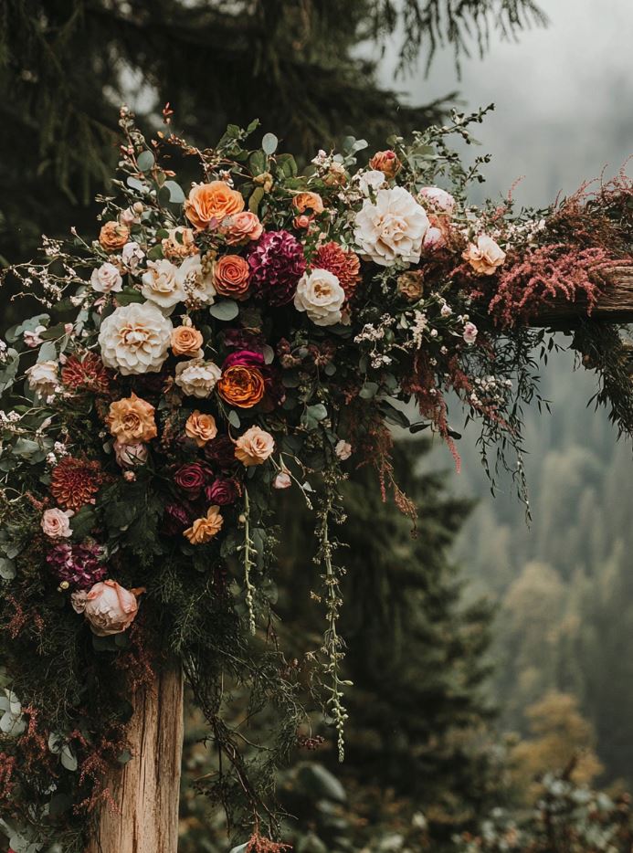 Rustic wedding arch made of wood, adorned with cascading seasonal flowers and greenery for a natural, elegant backdrop.