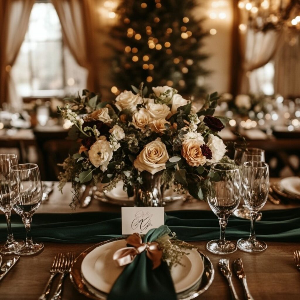 Rustic winter wedding decor with forest green linens, champagne-colored accents, ribbon-wrapped bouquets, and forest green bridesmaid dresses for a warm ambiance.