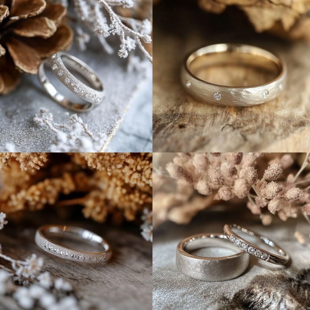 A frosted white gold wedding band with subtle matte texture and small diamond accents, reflecting a rustic winter charm.