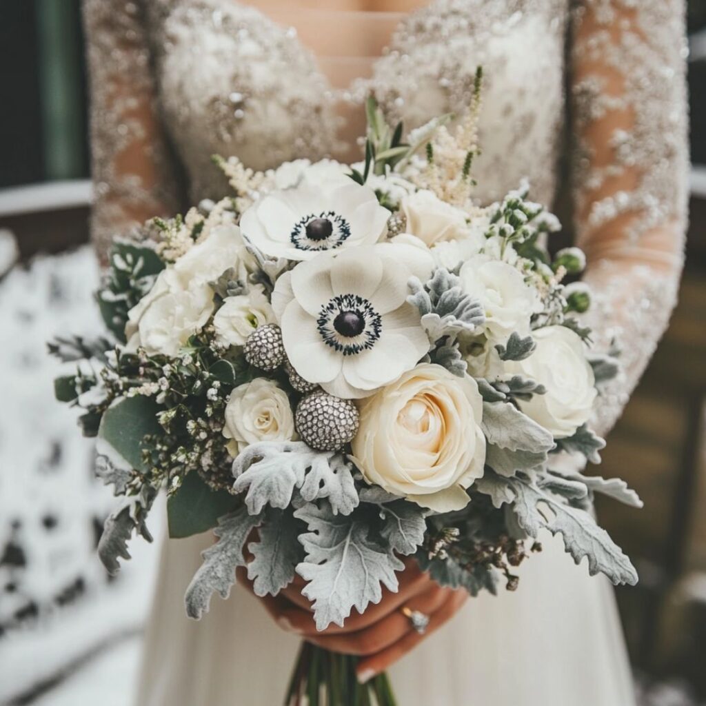 A frosted elegance bouquet with white roses, anemones, and silver brunia, accented by eucalyptus and dusty miller, creating a sophisticated winter wedding look.