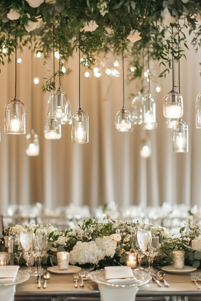 Softly glowing frosted glass light fixtures above a winter wedding reception table, paired with silver accents and greenery for an elegant touch.