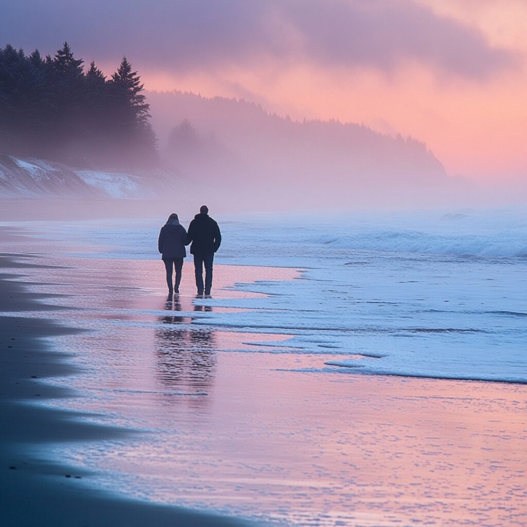 Couple walking along a quiet winter beach at sunset, bundled up and sharing a romantic proposal moment against the backdrop of waves and frosty air.