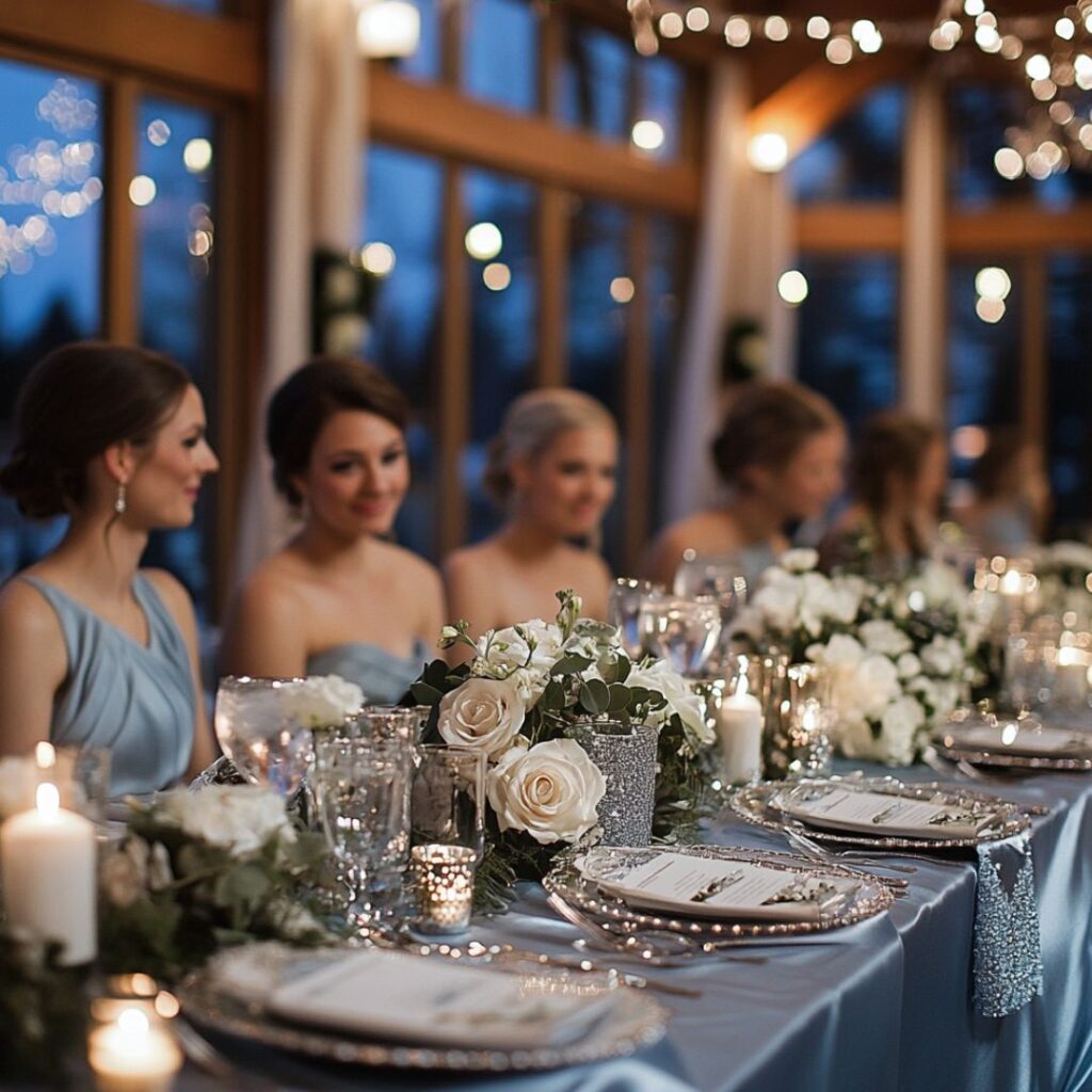 Winter wedding table decor with frosty blue linens and silver candleholders; bridesmaids in frosty blue dresses and silver accessories, surrounded by cool blue lighting for an ethereal ambiance.