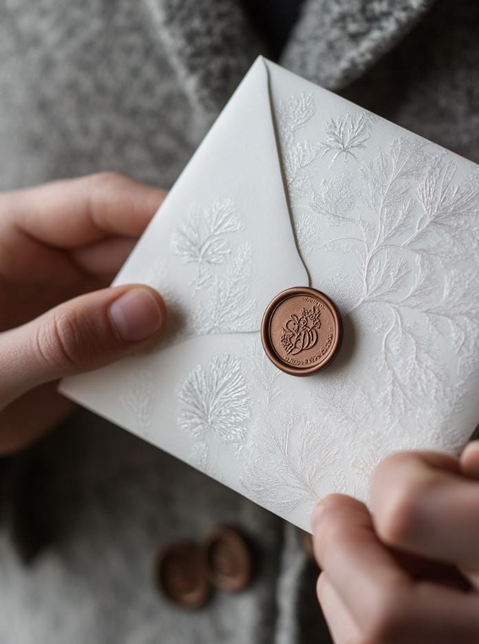Elegant wedding invitations in white cardstock with silver foil details and winter motifs, featuring a metallic wax seal for added sophistication.