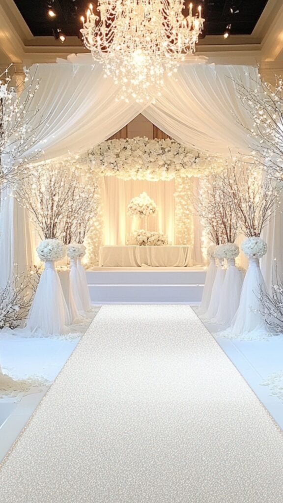 White aisle runner sprinkled with glitter and adorned with decorative snowflakes, creating a sparkling winter wonderland wedding setting.