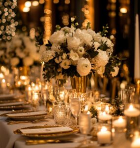 An elegant winter wedding setup featuring gold accents, warm candlelight, and white floral arrangements, creating a cozy and romantic atmosphere.