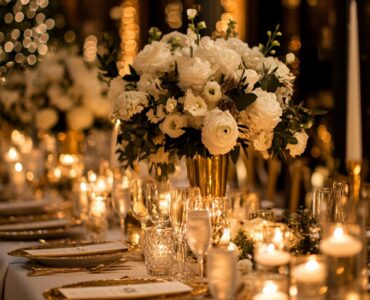 An elegant winter wedding setup featuring gold accents, warm candlelight, and white floral arrangements, creating a cozy and romantic atmosphere.