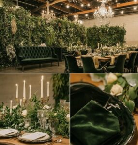 A dreamy green aesthetic winter wedding setup featuring lush greenery, cozy textures, and elegant seasonal details, creating a serene and festive ambiance.