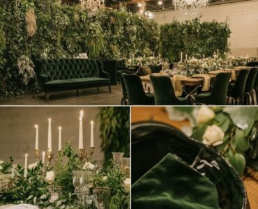A dreamy green aesthetic winter wedding setup featuring lush greenery, cozy textures, and elegant seasonal details, creating a serene and festive ambiance.