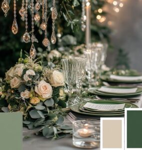 Elegant winter wedding setup featuring a green color palette with emerald, sage, forest, and olive hues, complementing a tranquil winter setting.
