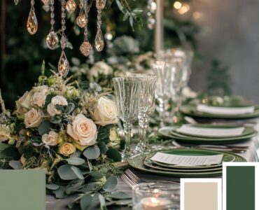 Elegant winter wedding setup featuring a green color palette with emerald, sage, forest, and olive hues, complementing a tranquil winter setting.