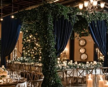Elegant winter wedding decor featuring green and navy blue accents, including lush greenery, navy drapes, and glowing candlelight to set a timeless seasonal ambiance.