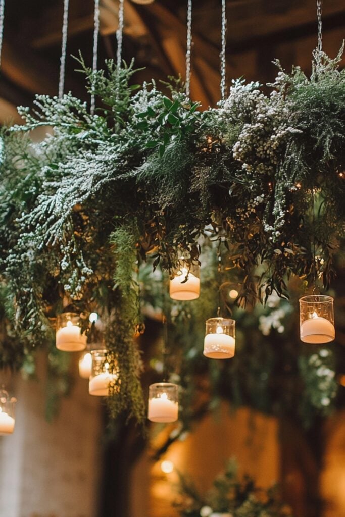 Suspended candle chandeliers adorned with cascading greenery and frosted branches, adding a warm and romantic glow to a winter wedding.