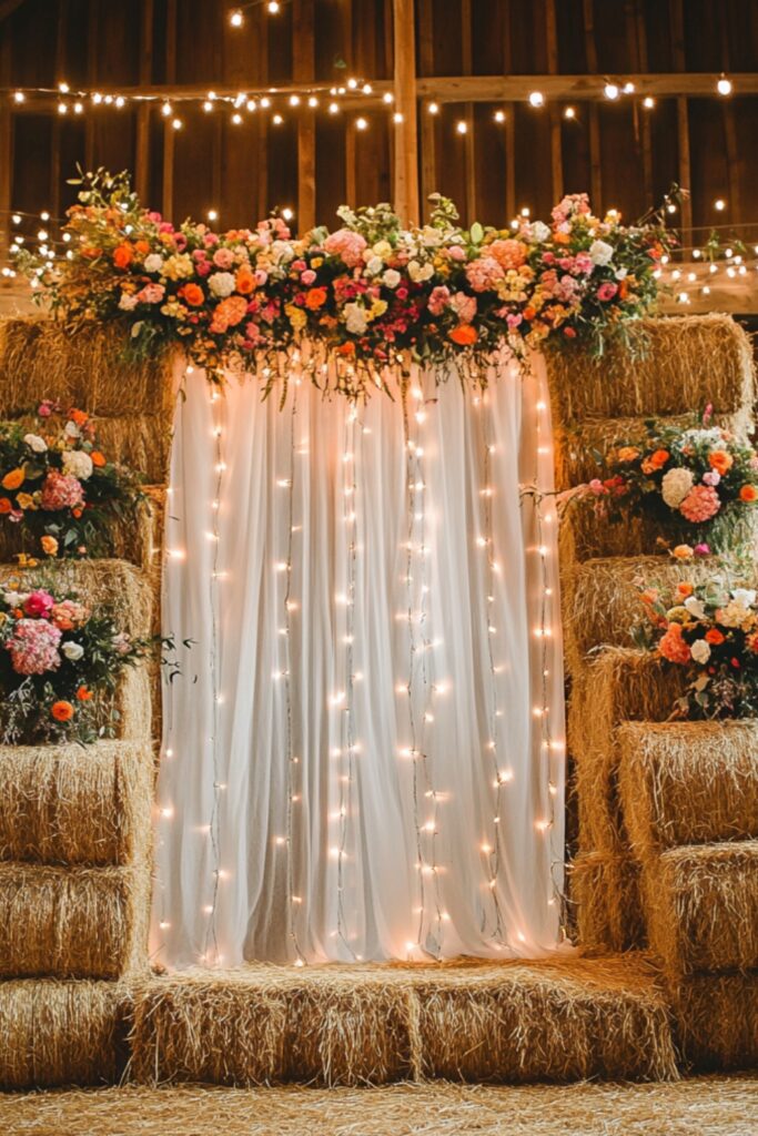 A rustic wedding backdrop of stacked hay bales, adorned with colorful floral arrangements, drapery, and string lights for a cozy barn setting.