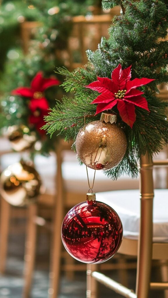 Metallic Christmas ornaments hung on aisle stands with sprigs of evergreen and poinsettias, adding festive cheer to a winter wedding setting.