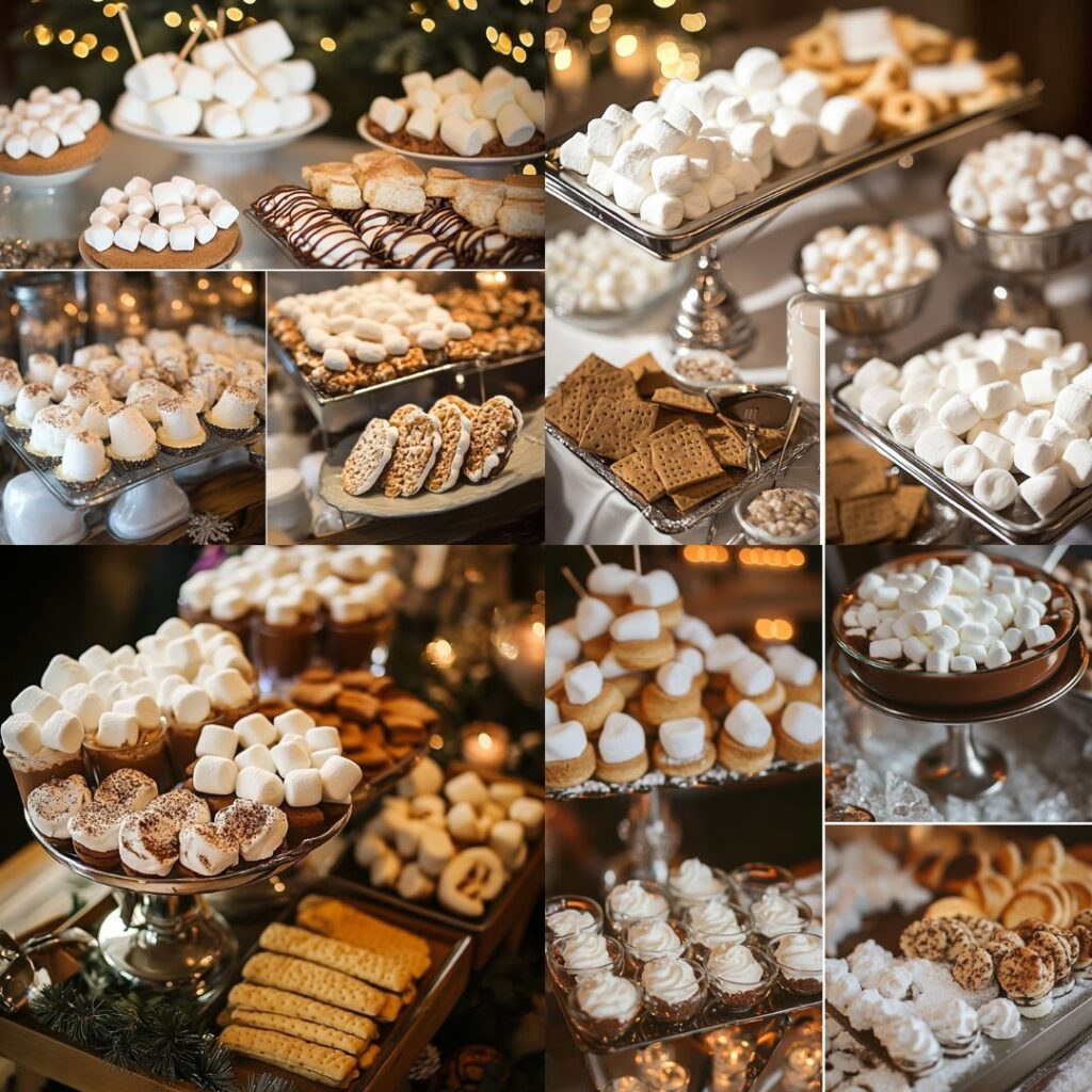 Hot cocoa and s’mores bar for a winter wedding at home, with toppings like whipped cream and marshmallows, plus a s’mores station for guests to enjoy a cozy, interactive treat.