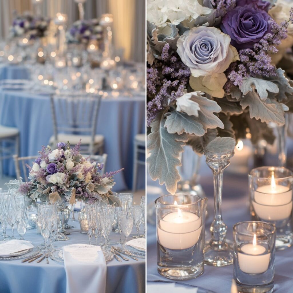 Whimsical winter wedding decor with ice blue tablecloths, lavender floral arrangements, and silver candleholders; bridesmaids in lavender dresses with ice blue accents.