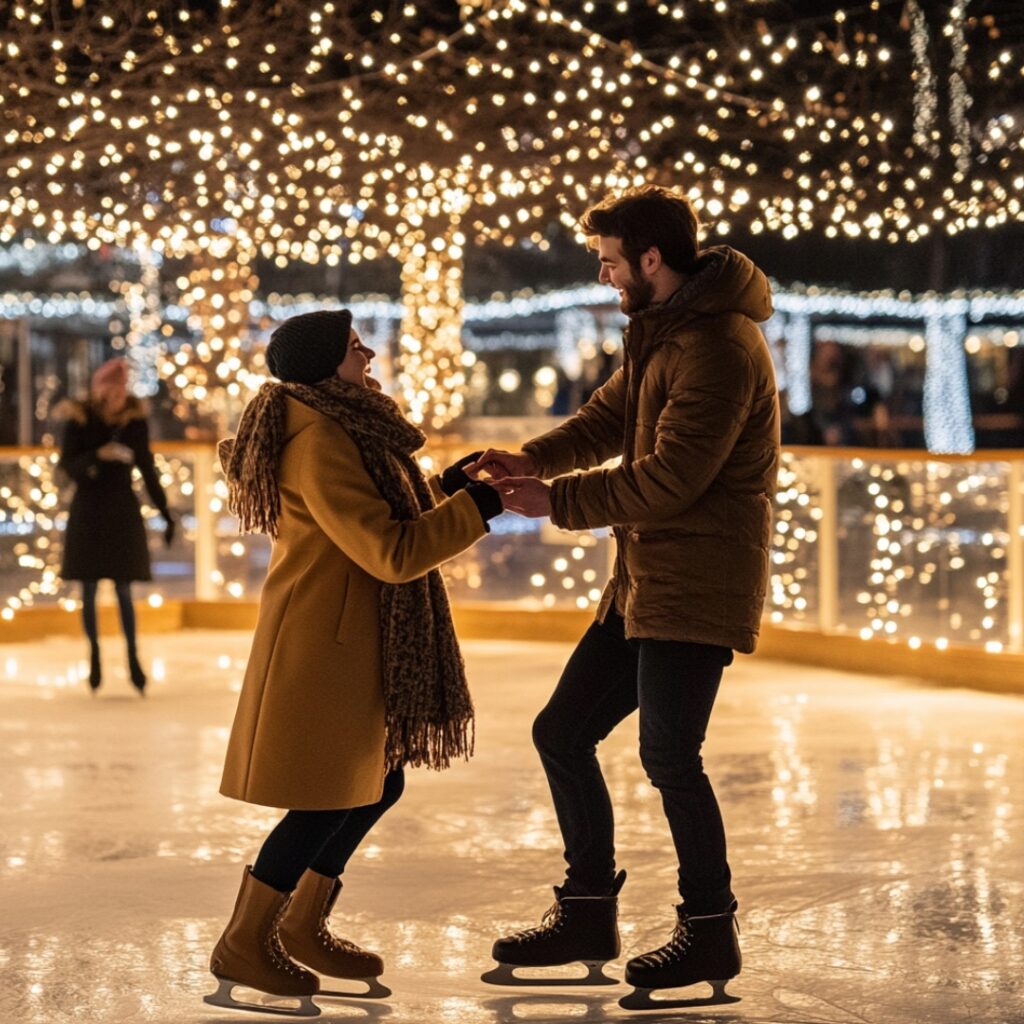 Couple holding hands at an outdoor ice-skating rink under twinkling lights, with one partner down on one knee proposing, creating a joyful, festive scene.