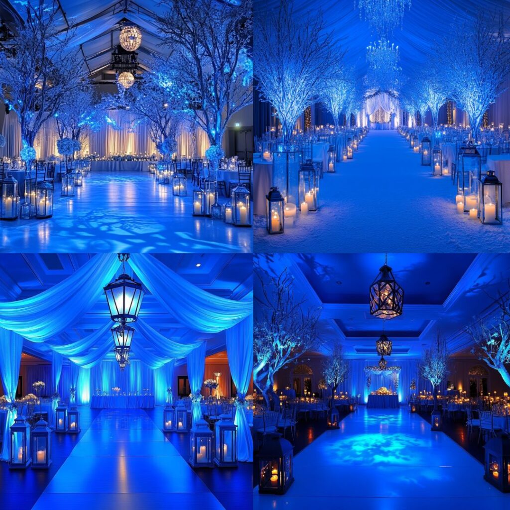 Venue decorated with icy blue LED uplights along walls and dance floor, casting a frosty glow, with blue-tinted candle-lit lanterns creating a magical winter ambiance.