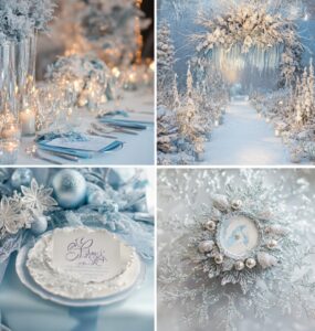 Frosty wedding theme inspiration with icy blue and silver tones, featuring snowflake accents and elegant seasonal decor for a magical winter wonderland wedding.