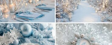Frosty wedding theme inspiration with icy blue and silver tones, featuring snowflake accents and elegant seasonal decor for a magical winter wonderland wedding.