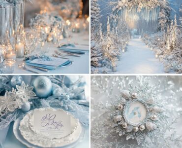Frosty wedding theme inspiration with icy blue and silver tones, featuring snowflake accents and elegant seasonal decor for a magical winter wonderland wedding.