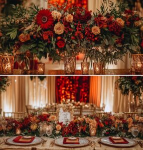 an Indian winter wedding, blending traditional and seasonal elements, with rich decor and cozy touches, evoking warmth and elegance.
