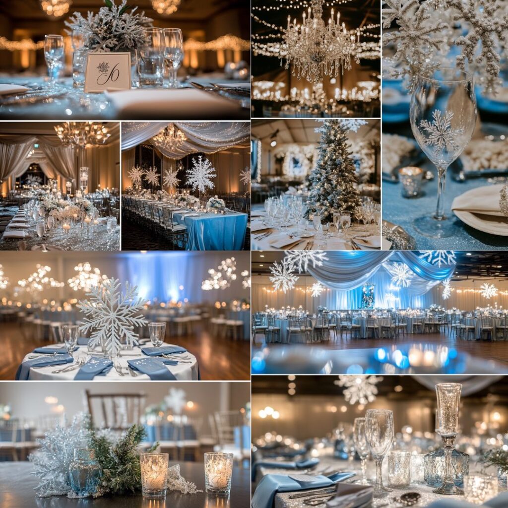 Indoor winter wedding reception transformed into a snowy wonderland with frosted decorations, snowflake accents, silver and blue touches, and twinkling lights for an enchanting ambiance.