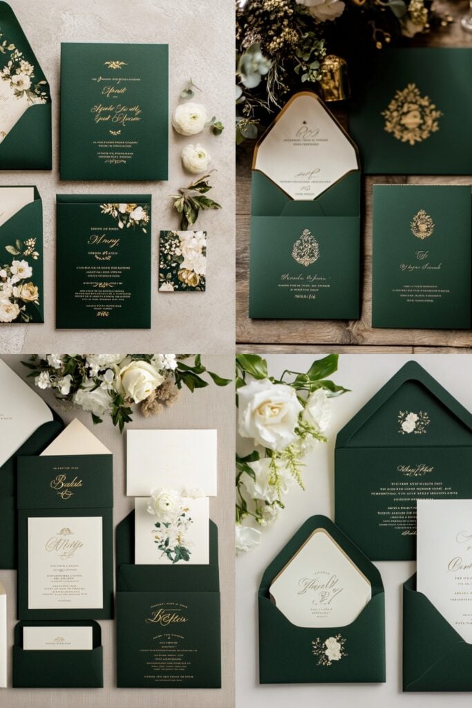 Sophisticated dark green wedding invitations with gold foil accents, featuring elegant serif fonts and cream highlights, paired with matching envelope liners for a polished look.