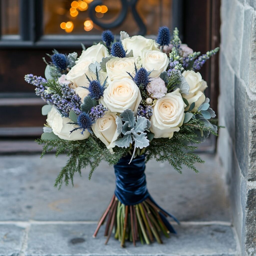 Elegant winter bouquet featuring ivory roses, blue thistle, and lavender, wrapped in velvet ribbon for a charming January wedding style.
