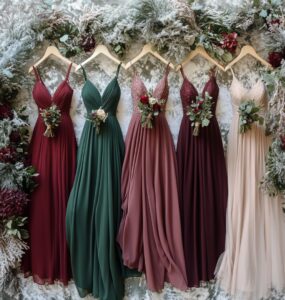 An array of January bridesmaid dress options displayed, featuring rich winter tones like deep burgundy, forest green, and soft blush, set against a frosty, winter-inspired background to evoke seasonal charm and sophistication.