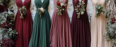An array of January bridesmaid dress options displayed, featuring rich winter tones like deep burgundy, forest green, and soft blush, set against a frosty, winter-inspired background to evoke seasonal charm and sophistication.