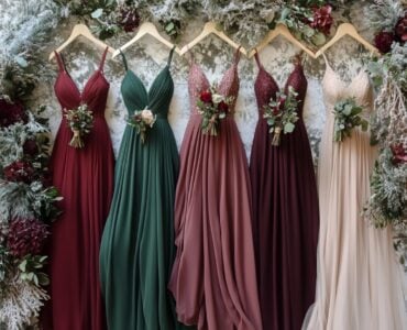 An array of January bridesmaid dress options displayed, featuring rich winter tones like deep burgundy, forest green, and soft blush, set against a frosty, winter-inspired background to evoke seasonal charm and sophistication.