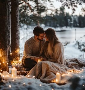 Couple enjoying a magical winter setting, surrounded by snow, cozy blankets, and a romantic atmosphere, ideal for a January proposal.