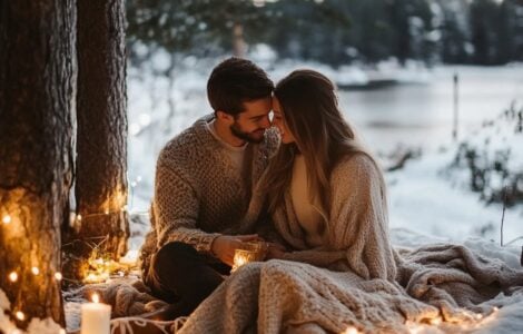Couple enjoying a magical winter setting, surrounded by snow, cozy blankets, and a romantic atmosphere, ideal for a January proposal.