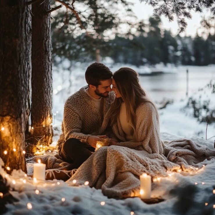 Couple enjoying a magical winter setting, surrounded by snow, cozy blankets, and a romantic atmosphere, ideal for a January proposal.