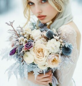 Elegant January wedding bouquet ideas featuring seasonal blooms, winter-inspired colors, and frosty accents to enhance a winter wonderland wedding theme.