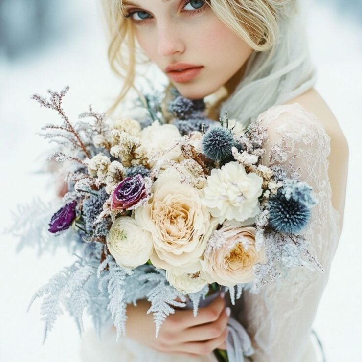 Elegant January wedding bouquet ideas featuring seasonal blooms, winter-inspired colors, and frosty accents to enhance a winter wonderland wedding theme.