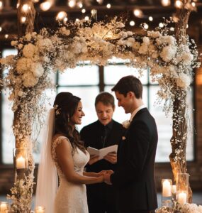 Cozy January wedding ceremony with candlelit warmth, frosty florals, and seasonal winter touches for an enchanting and memorable celebration.