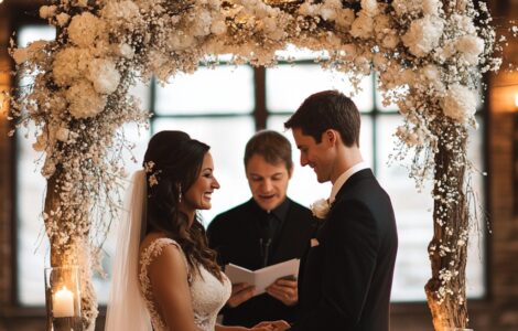 Cozy January wedding ceremony with candlelit warmth, frosty florals, and seasonal winter touches for an enchanting and memorable celebration.